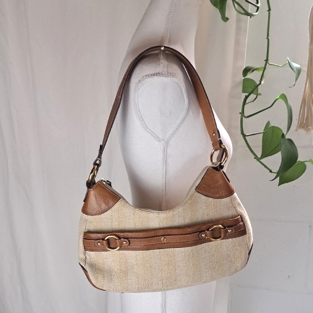 Etienne Aigner Leather And Woven Fabric Shoulder Bag Gold Metal Ring Accents - Picture 1 of 16